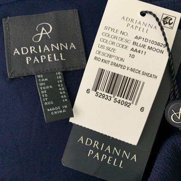 Adrianna Papell Rio Knit Sheath Dress 10 Blue V Neck Draped Lined Short Sleeve - Picture 7 of 7